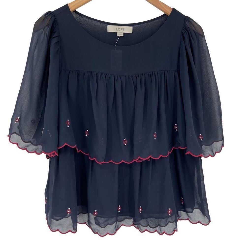Loft Flowy Layered Short Sleeve Embroidered Blouse Women XS Navy‎ Blue Boho NWT